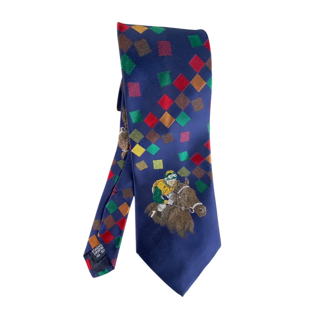 VTG Nottingham Silk Tie Mens Equestrian Horse Jockey Derby Geometric Blue 55x4 - Picture 2 of 13